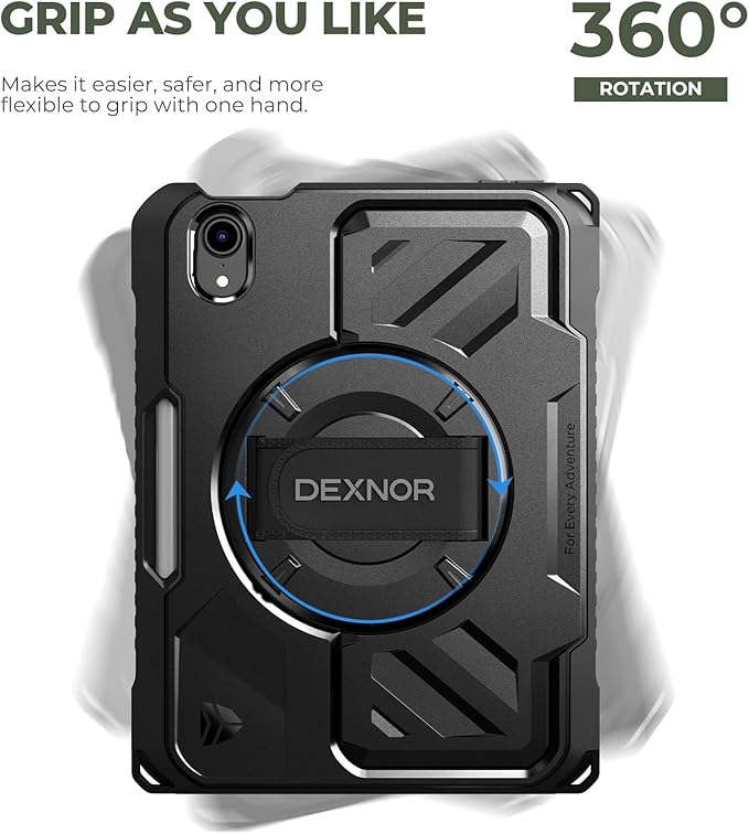 Dexnor Case for iPad mini 7 (A17 Pro) 2024/mini 6 2021 8.3 inch, Rugged Protective Case with 360° Rotating Hand Strap & Large Stand & Screen Protector & Pencil Holder Shockproof Full-Body Cover, Black