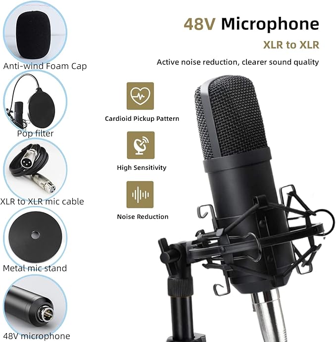 Podcast Equipment Bundle, 48V XLR Podcast Microphone Bundle, Voice Changer with Adjustable Mic Stand, Studio Condenser Microphone for Smartphone, PC, DJ, Video Recording, Streaming, Gaming and Singing
