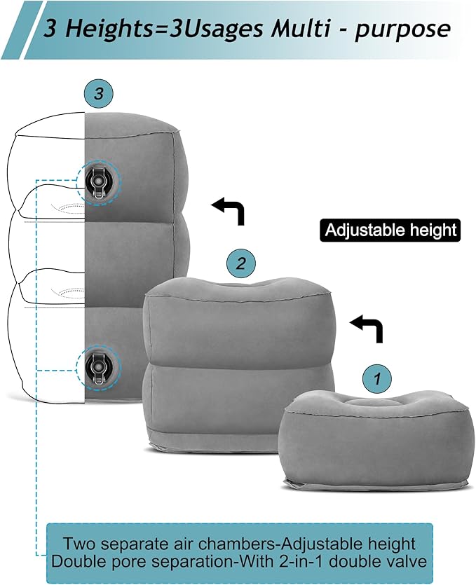 Inflatable Travel Foot Rest Pillow,Kids Airplane Bed,Adjustable Height Flight Pillow,Travel Essentials for Airplane,Office,Home,Trains,Cars