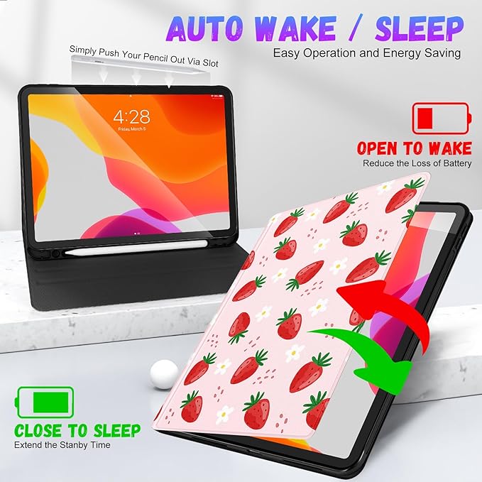Uppuppy for iPad Air 11 inch (M2/M3) Case, Air 5th/4th Generation 10.9, Pro 11'' Case Cute Kids Women Girls Girly Strawberry Pencil Holder Cover for iPad Air 11 2024/2025, 10.9 2022 2020, Pro 11