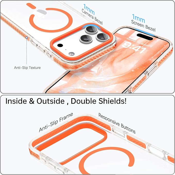 BENTOBEN Magnetic for iPhone 17 Pro Case 6.3", Compatible with Magsafe Military Shockproof Protective Cute Transparent Slim Anti-Yellowing Phone Case for iPhone 17 Pro Cover, Clear Orange
