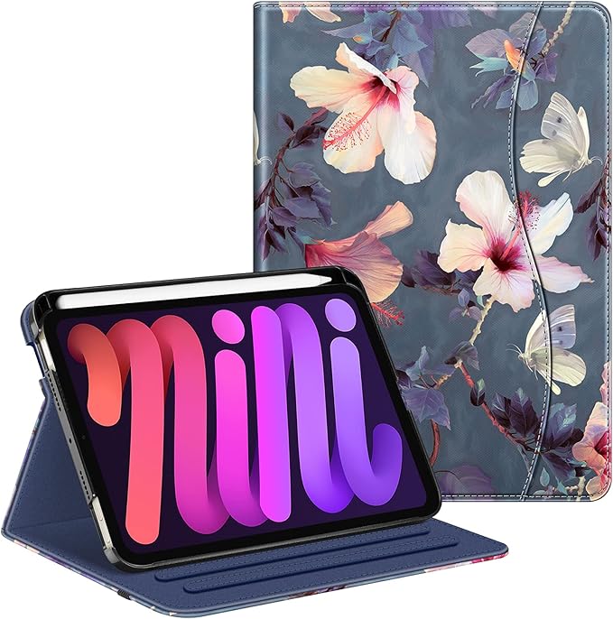 Fintie Folio Case for iPad Mini 7 (A17 Pro, 7th Generation) 2024 / iPad Mini 6 (6th Gen) 8.3 Inch, Multi-Angle Smart Stand Cover with Pencil Holder & Pocket, Auto Sleep/Wake, Hibiscus