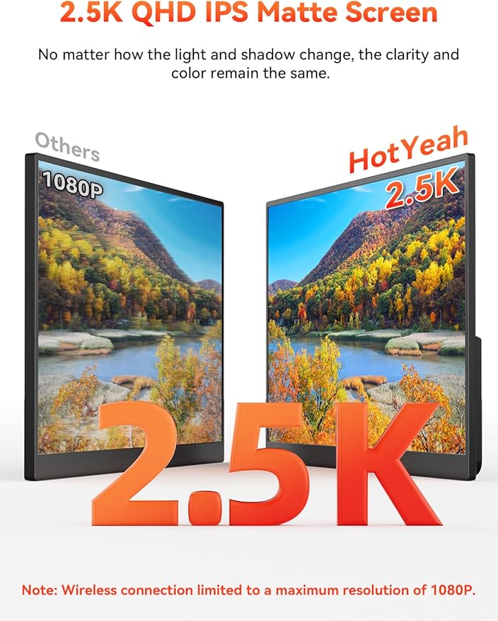 HotYeah 17.3" 2.5K Wireless Portable Monitor, Support AirPlay Miracast, 2560×1440P IPS USB-C HDMI External Monitor, 2nd Screen for Laptop MacBook PC Phone Tablet, w/Built-in Battery(3-4H)