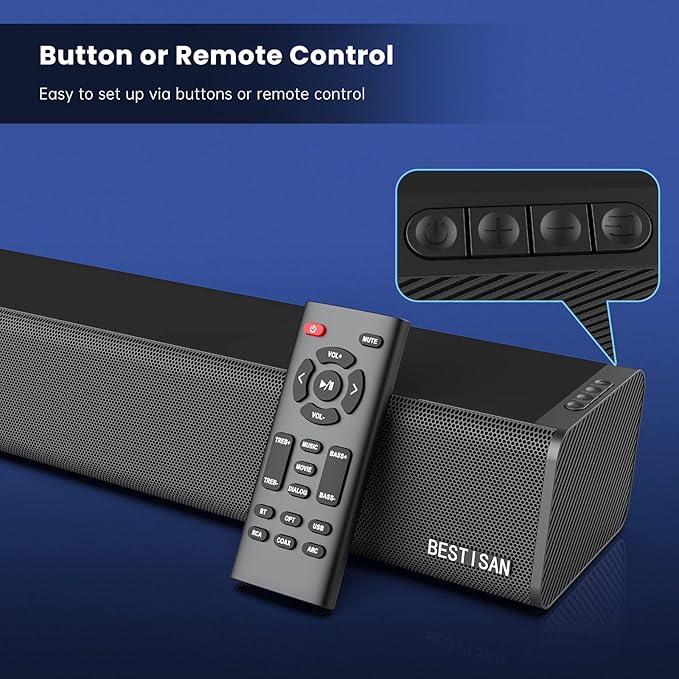 Sound Bar, BESTISAN 50 Watts Soundbar with HDMI, Optical, AUX, USB,Sub Out and Bluetooth Connection, DSP, Bass Adjustable, 16 Inch, Mountable