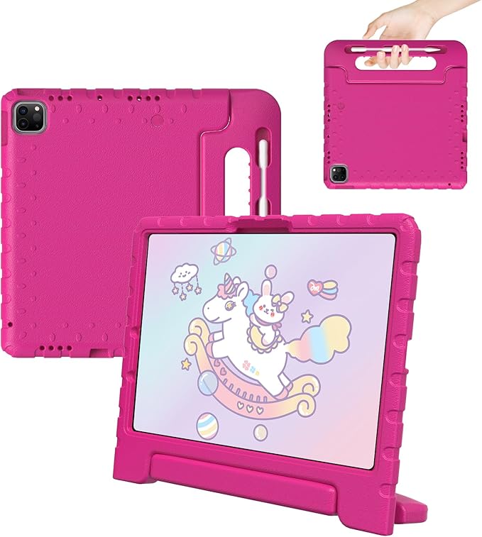 for iPad Pro 11 inch Case 2024 M4, Kids Proof Super Protection Cover for iPad Pro 11" with Pencil Holder & Anti-Slip Handle Stand - Rose Red
