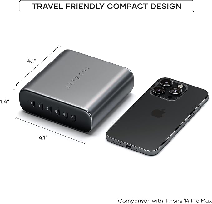 Satechi 200W 6-Port GaN Charging Station, 2 140W USB-C and 4 USB-C, Fast Charging Travel Charger for Multiple Devices, for MacBook Air/Pro/Neo, iPad Air/Pro, iPhone 17, Thunderbolt Devices