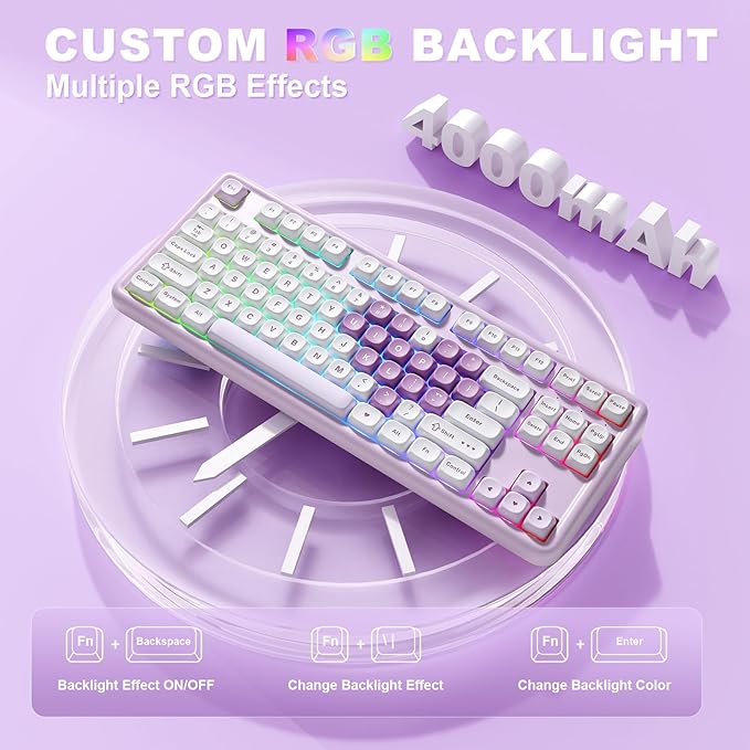 YUNZII B87 Wireless Mechanical Keyboard,QMK/VIA Programmable,TKL Layout 87 Keys,BT/2.4G/USB-C,Hot Swap Gasket Mount RGB Backlit Gaming with Wrist Rest for Win/Mac (Purple Heart, Cocoa Cream V2)