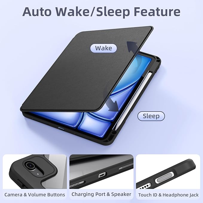 Wenlaty for iPad Air 11 inch Case (M4/M3/M2) & Air 5th/4th Generation Case 10.9 inch,for iPad Pro 11 inch 4/3/2/1 Gen,360° Rotating Cover,Detachable Magnetic Back,Pencil Holder,Auto Sleep/Wake,Black