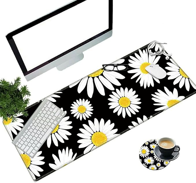 Desk Pad Mat Large Mouse Pad XL Extended Mousepad Gaming with Cute Daisy 31.5" *11.8" Huge Mouse Pads for Computer Laptop Home Office + Cup Coaster