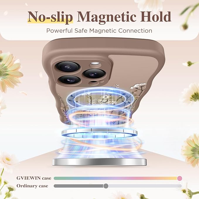 GVIEWIN for iPhone 16 Pro Max Case Compatible with MagSafe [Curly Wave Edge][Full Camera Protection] Floral Translucent Shockproof Magnetic Women Phone Case for 16 Pro Max, Floratopia/Brown