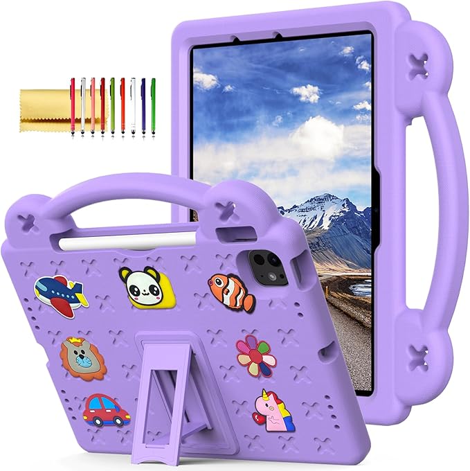 Dteck iPad Air 13"/Pro 13" 2024 M4/Pro 12.9 6th/5th/4th/3rd Gen Case - Cartoon Panda Shockproof Rugged Lightweight Convertible Stand With Handles, Kid-Friendly, Light Purple