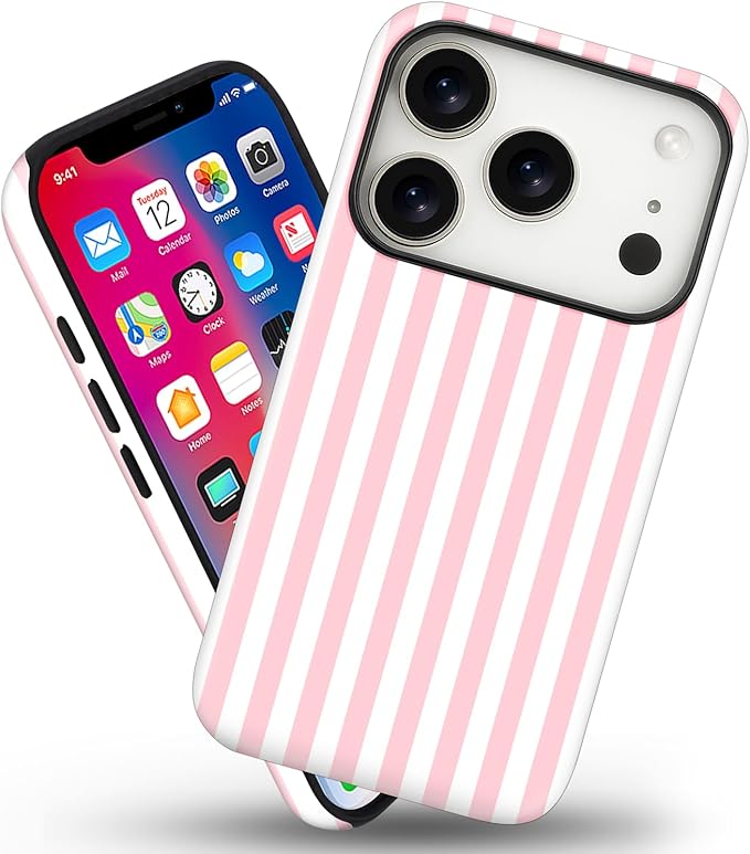 Magnetic for iPhone 17 Pro Max Case Cute Stripes Phone Case, Shockproof Slim TPU and Hard PC Protective Phone Cover Compatible with MagSafe Designed for Women Girls, Pink and White