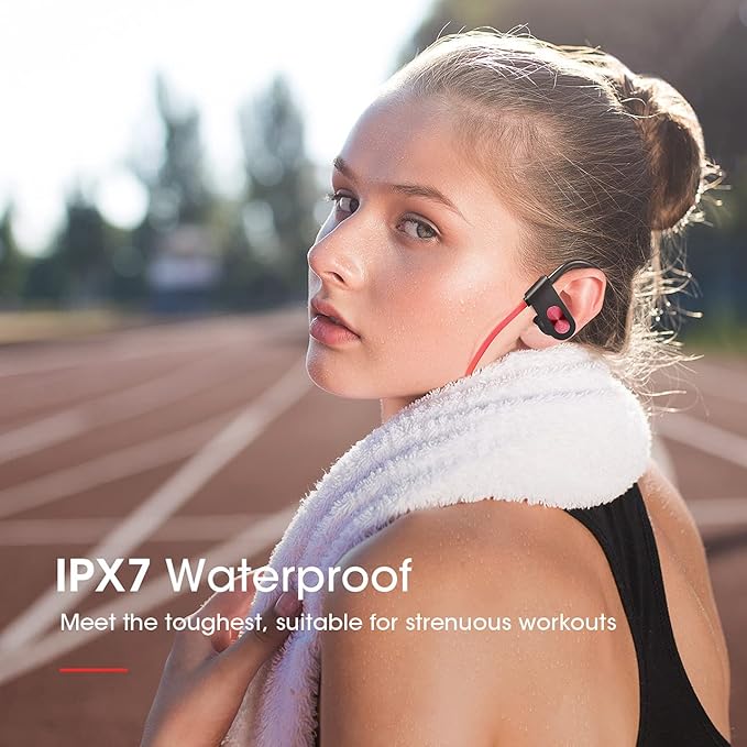 Bluetooth Headphones V5.0, Flame Running Headphones w/16 Hrs Playtime, Bass+ HD Stereo Wireless Sports Earphones w/IPX7 Waterproof Earbuds in Ear for Workout, Gym w/CVC6.0 Noise Cancelling Mic Red
