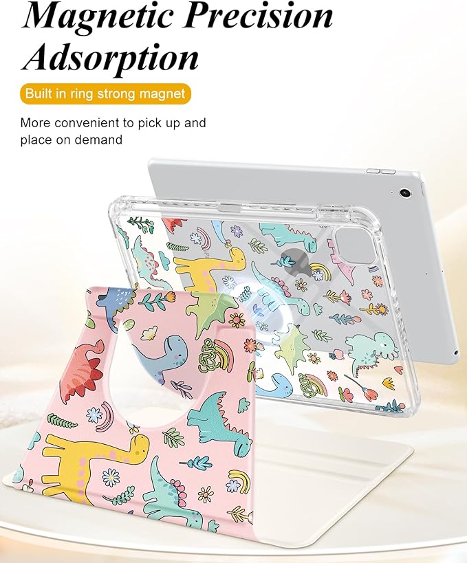 Shorogyt for iPad Air 11 Inch Case Air M4 2026, 8th Gen/M3 2025/M2/Air 5th Generation 2022/Air 4th Gen 2020/Pro 11 Inch Case Magnetic Stand for Women - Cute 360 Degree Rotating Covers Dinosaur
