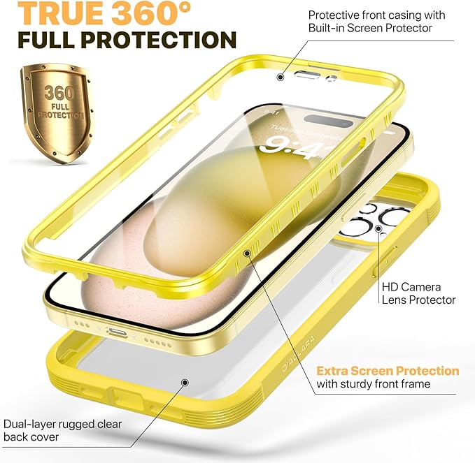 Diaclara Designed for iPhone 15 Case, Full Body Rugged Case with Built-in Touch Sensitive Anti-Scratch Screen Protector, with Camera Lens Protector(Lemon Yellow)