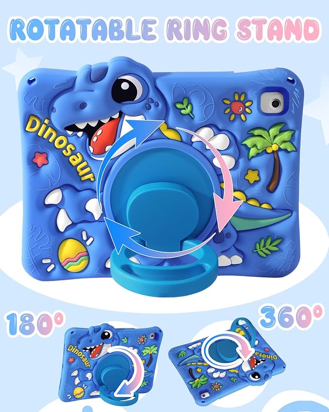 Boaretiu for iPad 6th/5th Gen Case, for iPad Air 2nd/Air 1st/Pro 9.7 inch 2016 Case - Cute Cartoon Silicone Cover with Adjustable Shoulder Strap & Rotating Stand for Kids Boys Girls, Blue Dinosaur