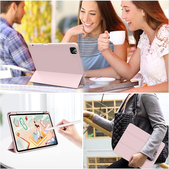 kenke Case for iPad Pro 11 Inch 4th/3rd/2nd Generation (2022/2021/2020) with Pencil Holder, Slim Trifold Smart Cover with Soft TPU Back, Support 2nd Gen Pencil Charging, Auto Sleep/Wake, Pink