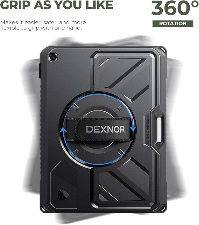 Dexnor Case for iPad 9th/8th/7th Generation 10.2 inch, Rugged Protective Case with 360° Rotating Hand Strap & Large Stand & Screen Protector & Pencil Holder Shockproof Full-Body Bumper Cover, Black