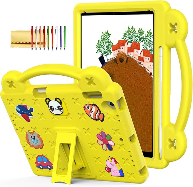 Dteck Kids Case for iPad 9.7 Inch 6th/5th Gen 2018/2017 & iPad Air 2/1 & iPad Pro 9.7 2016,Cartoon Panda Shockproof Rugged Lightweight Pencil Holder Convertible Handles Stand Kids Friendly Case,Yellow