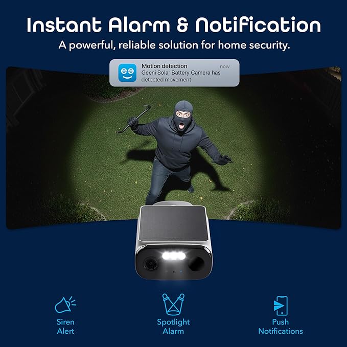 Geeni Falcon Smart Solar Battery Camera 2K+ – Outdoor Camera Wireless, Weather Resistant with Solar-Powered Battery, Motion Alerts, Color Night Vision, Two-Way Audio — 1-Pack, White