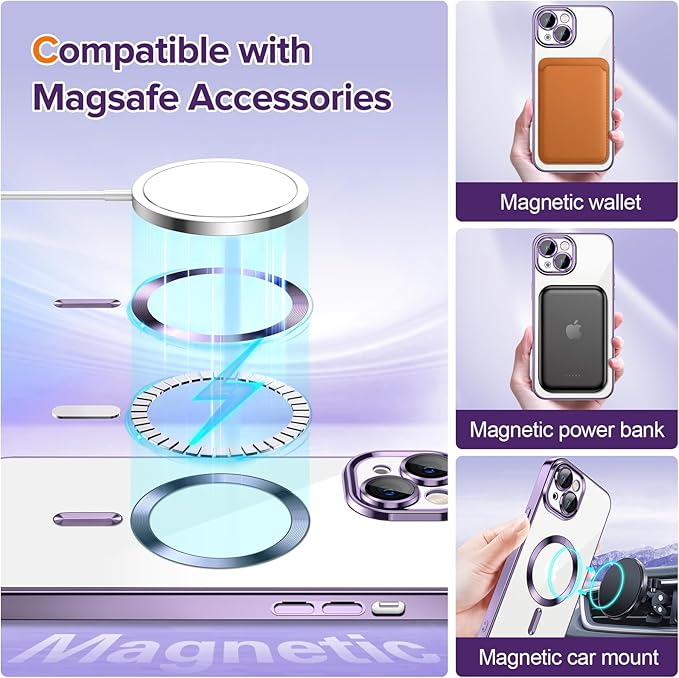 Hython Magnetic Clear for iPhone 13 Case with Camera Lens Protector [Compatible with MagSafe] Luxury Plating Edge Slim Soft TPU Cover Protective Phone Case for iPhone 13 6.1", Deep Purple