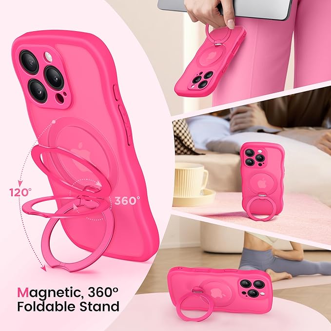 CAPRARO for iPhone 16 Pro Case with 360° Spin Magnetic Stand for Women, [Compatible with MagSafe] [Full Camera Protection] Cute Wave Translucent Matte Case for iPhone 16 Pro, Hot Pink
