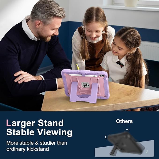 Kids Friendly Case for iPad A16 11th Generation 11 Inch 2025 / iPad 10th Generation 10.9" 2022 Case with Pencil Holder & Shoulder Strap, Hybrid iPad 11 10 Cover Rugged Shockproof Kickstand,Pink+Purple