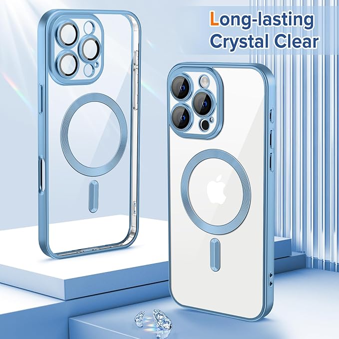Hython Magnetic Clear for iPhone 16 Pro Case with Camera Lens Protector [Compatible with MagSafe] Luxury Plating Edge Slim Soft TPU Cover Protective Phone Case for iPhone 16 Pro, Matte Light Blue