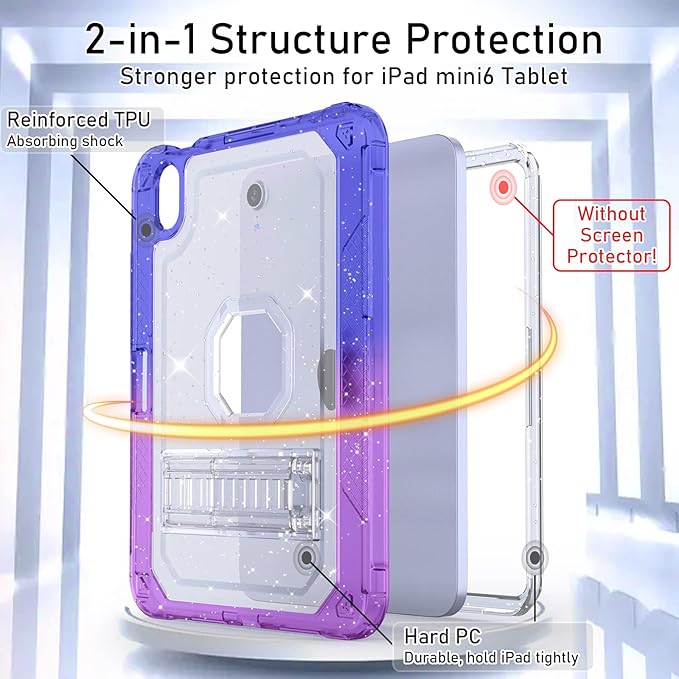 ZoneFoker Case for iPad mini A17 Pro, for iPad mini 7th/6th Generation Case 8.3 inch 2024/2021 with Pencil Holder/Stand, Slim Cover for i Pad Mini 7/6 (Clear Glitter/Gradient Blue Purple)