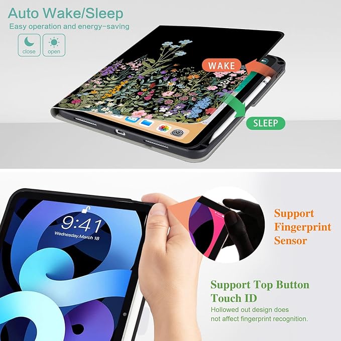 for iPad (A16) 11Th/10Th Generation Case 2025/2022, for iPad A16 Case 11th/10Th Generation 360 Degree Rotating Pencil Holder, Auto Wake/Sleep 4 Viewing Angles Slim Cover, Black Flower Art