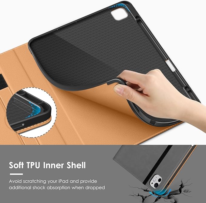 VIKESI Case for iPad Pro 13-inch M5 or M4 Released in 2025 or 2024, Leather Stand Cover with Apple Pencil Holder, Auto Wake/Sleep, Multiple Viewing Angles, Built in Hand Strap & Pocket,Grey