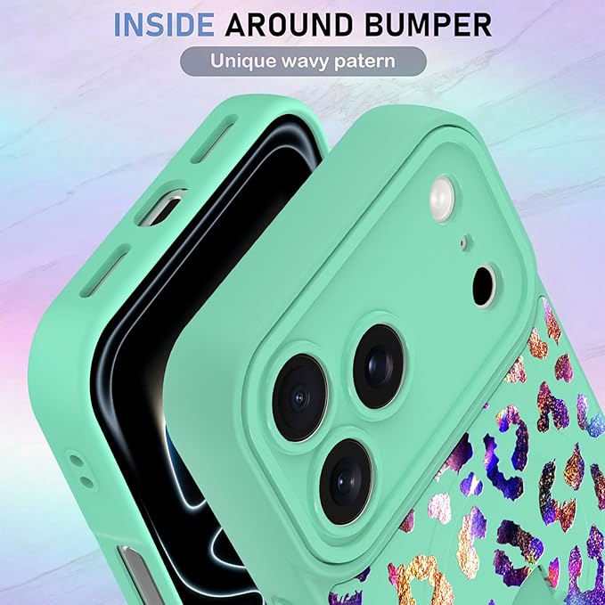 KANGHAR Compatible with iPhone 17 Pro Case, Support for MagSafe, Silicone Cute Iridescent Leopard Cheetah Pattern, Wristband Kickstand Shockproof Protective Slim Cover for Women Girls, Green