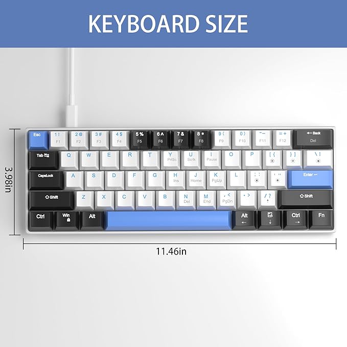 Camiysn 60% Mechanical Gaming Keyboard,Mixed Color Keycaps Gaming Keyboard with Brown Switches, Detachable Type-C Cable Mini Keyboard with Blue LED Light for PC/Laptop