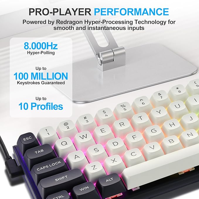 Redragon K701 Rapid Trigger Mechanical Gaming Keyboard, 60% Wired with Adjustable Actuation, Magnetic Switch, 8k Hz Polling Rate, RGB Backlit, 68 Keys Mini for PC Gamer, White/Blue-black