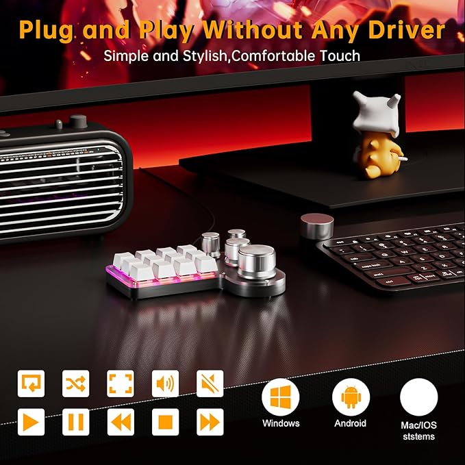 Programmable Macro Keyboard 12-Keys 4 Knob Gaming Keypad with USB Wired+BT Dual Mode Multi-Purpose Shortcut Custom Keypad for PC Desk
