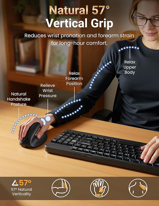 Ergonomic Vertical Wireless Mouse, 57° Natural Handshake for Wrist Pain Relief, Rechargeable 2.4G USB Computer Mouse, Quiet Click, 800/1200/1600 DPI, for Laptop PC Mac, Small/Medium Hands (Black)