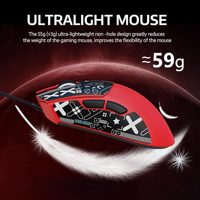 ATTACK SHARK R1 Wireless Gaming Mouse,Tri-Mode Connection (2.4G/Wired/BT5.2),55g Lightweight,18K DPI Optical Sensor,HUYU 20 Million Key Life,Ergonomic Design,for PC/Laptop/Win/Mac(Red+Sticker)