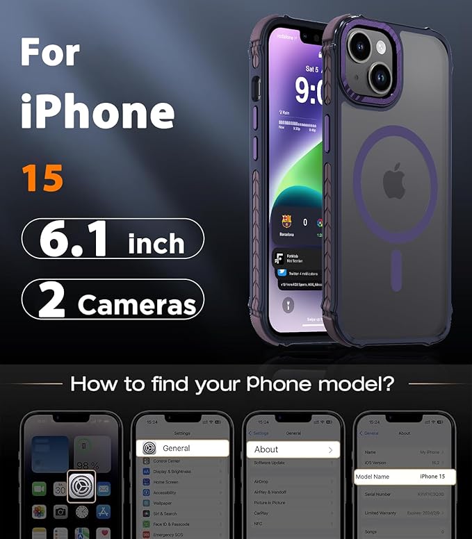 DEERLAMN Strong Magnetic Case for iPhone 15 6.1-Inch,[Compatible with Magsafe][Military Grade Drop Protection] Translucent Matte Shockproof Protective Phone Cover-Frosted Purple