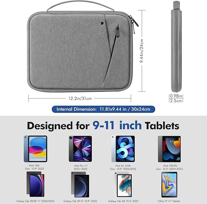 MoKo 9-11 Inch Tablet Sleeve Carrying Case with Handle, Padded Protective Travel Bag for New 11-inch iPad Air 4 2026/Pro M5/ A16, iPad 10th/Air 5/4th 10.9, i-Pad 9/8th 10.2,Tab S9/S8 11, Light Gray