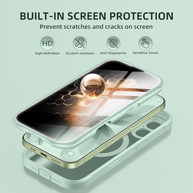 BERFY for iPhone 17 Case, Compatible with MagSafe, Built-in Privacy Screen Protector, Camera Protection, Shockproof Full Body Phone Case 6.3", Clear Green