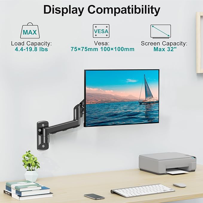 Monitor Wall Mount Fits 17-32 Inch Flat/Curved Computer Screens, Single Arm Holds up to 19.8lbs, Height Adjustable Gas Spring Wall Monitor Stand Tilt, VESA Mount 75x75/100x100