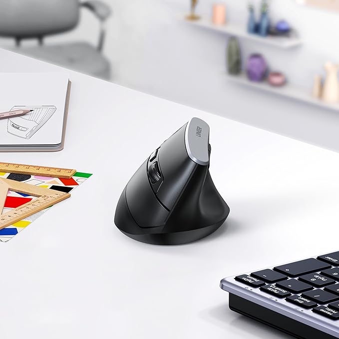Uineer Vertical Mouse, 2.4GHz Ergonomic Wireless Mouse, Adjustable DPI (800-2400), 6 Buttons, Battery Powered,Comfortable Grip for Laptop/PC/Mac, Wrist Pain Relief, Black
