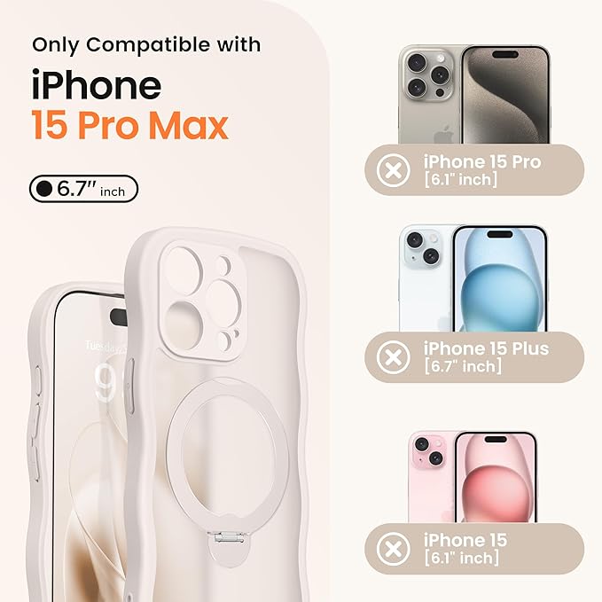 CAPRARO for iPhone 15 Pro Max Case with 360° Spin Magnetic Stand for Women, [Compatible with MagSafe] [Full Camera Protection] Cute Wave Translucent Matte Case for iPhone 15 Pro Max, Stone