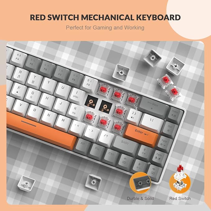 ZIYOU LANG RK-T8 Wired 65% Mechanical Gaming Keyboard with RGB LED Backlit Anti-ghosting TKL Mini 68 Key Custom Coiled C to A Cable Linear Red Switch for PS4 PS5 Xbox PC Mac Gamer(Gray/White/Orange)