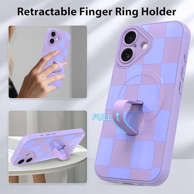 KANGHAR Compatible with iPhone 17 Case, Support for MagSafe, Silicone Checkered Cute Pattern, Wristband Kickstand Camera Protection Soft Slim Cover for Girls Women -Purple