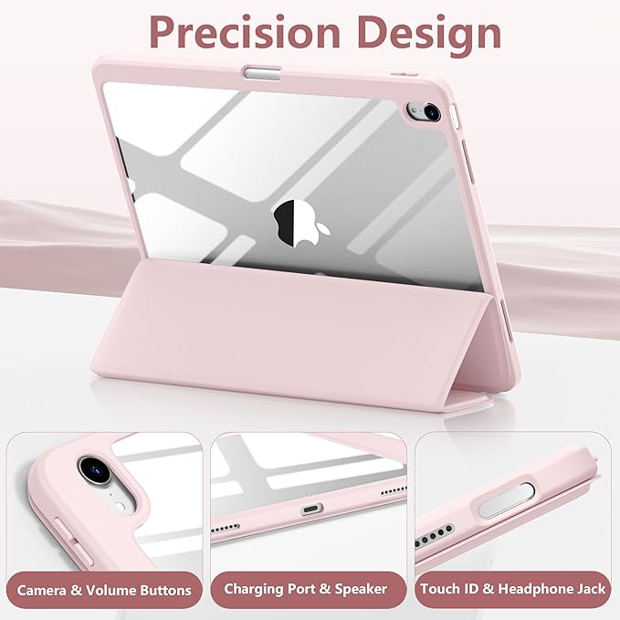 Wenlaty for iPad Air 13 Inch Case M4/M3/M2 (2026/2025/2024) with Pencil Holder, Slim Trifold Stand Protective Cover for iPad Air 13 Case with Clear Transparent Back, Auto Wake/Sleep -Pink