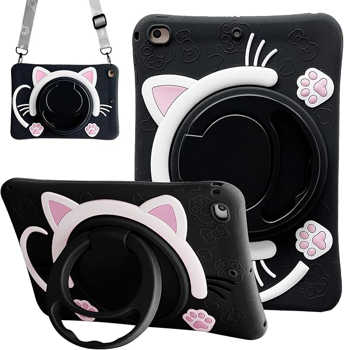 Dteck for iPad Pro 11 Case 2022/2021/2020/2018,iPad Air 5/4 Case,Cute Cartoon 3D Unique Rotating Handle Stand Shoulder Strap Soft Silicone Funda Rugged Shockproof Protective Kid-Proof Case,Black Cat