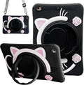 Dteck for iPad 9th/8th/7th Generation Case 10.2",Cute Cartoon Funda 3D Unique Design Light Rotating Handle Stand Shoulder Strap Soft Silicone Drop Rugged Shockproof Protective Kid-Proof Case,Black Cat