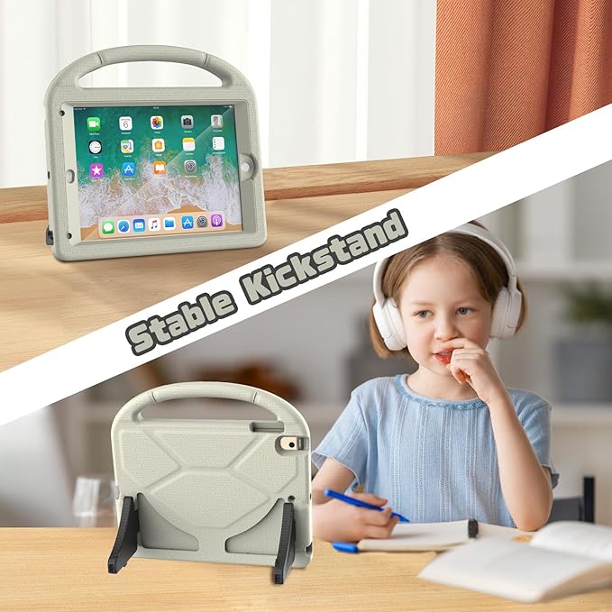 YIHE Shockproof Kids Case for iPad 6th/5th Generation (9.7 inch, 2018/2017), iPad Air 2/1 & Pro 9.7 | Durable Protective Cover with Built-in Screen Protector & Stable Stand, Light Gray