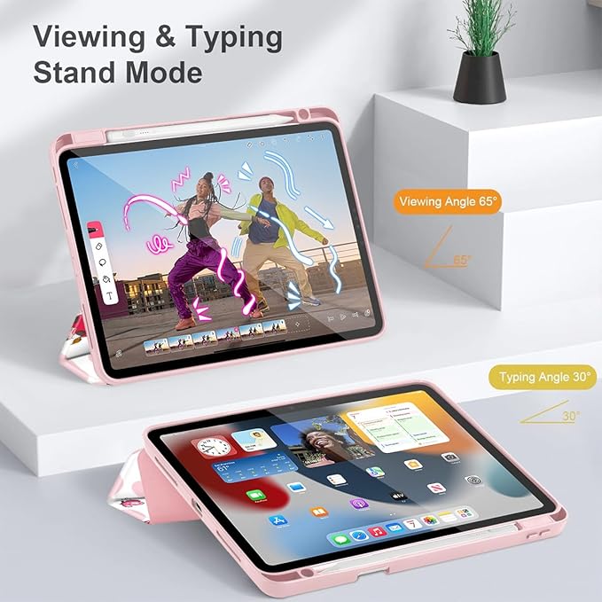 Mektron Case for iPad Pro 11 inch (4th, 3rd, 2nd & 1st Gen) 2022 2021 2020 2018, Buit in Pencil Holder with Shockproof Cover Clear Shell + Auto Wake/Sleep, Butterfly Cow